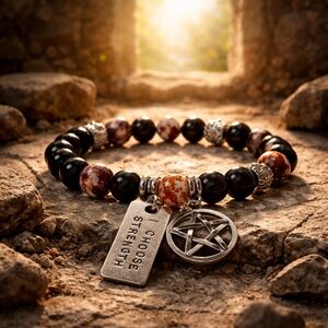 Black Tourmaline & Fire Agate Bracelet with Pentagram & Affirmation Charms